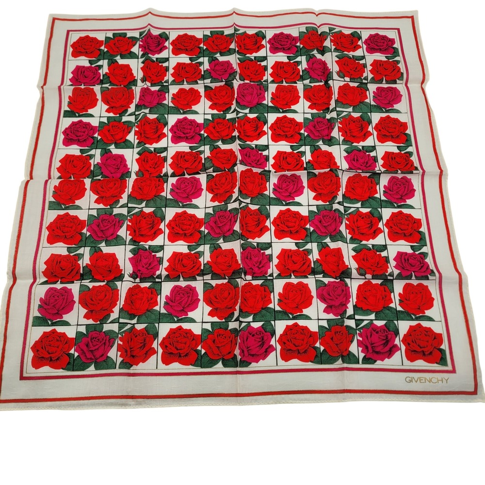 Givenchy Vintage Red Pink Rose Floral Cotton Handkerchief Pocket Square 18x18